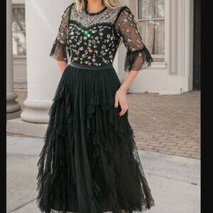 Ivy City Co Paris Dress Black Floral Beaded Embroidered Lace Midi Ruffle, Large